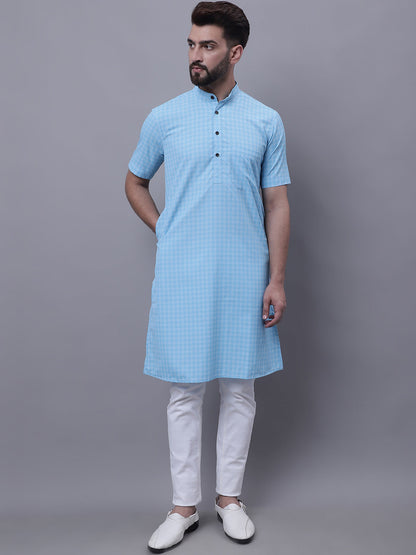 Even Apparels Blue Pure Cotton Short Sleeves Kurta With Band Collar
