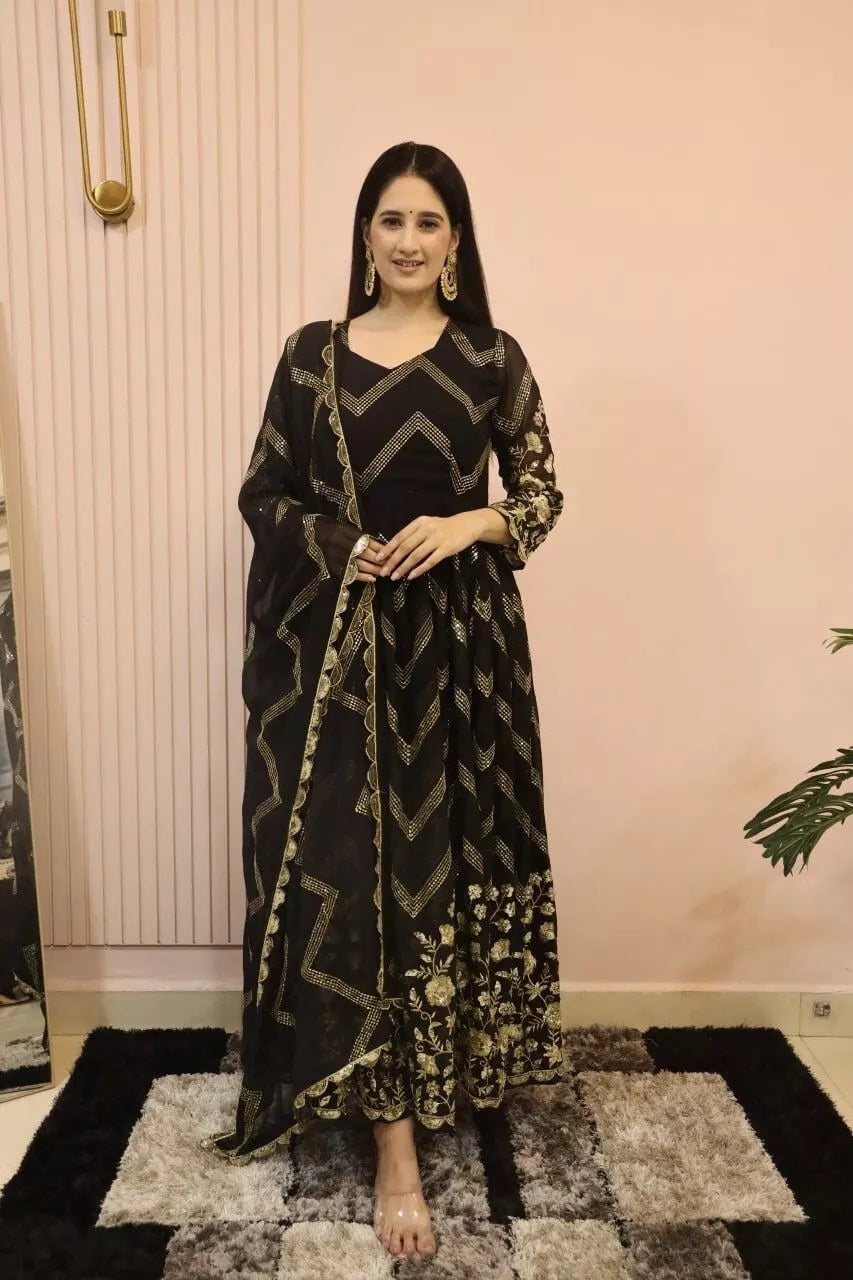 Fox Georgette With Embroidery Work With Full Sleeve Gown Bottom Dupatta Set