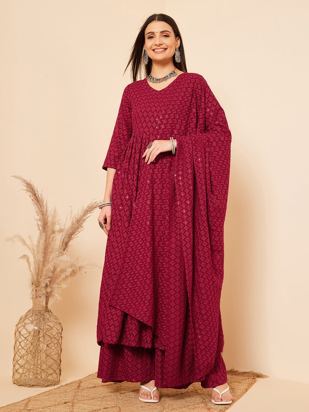 InWeave Women's Maroon Chikankari Long Anarkali Kurta Palazzo Set W Dupatta