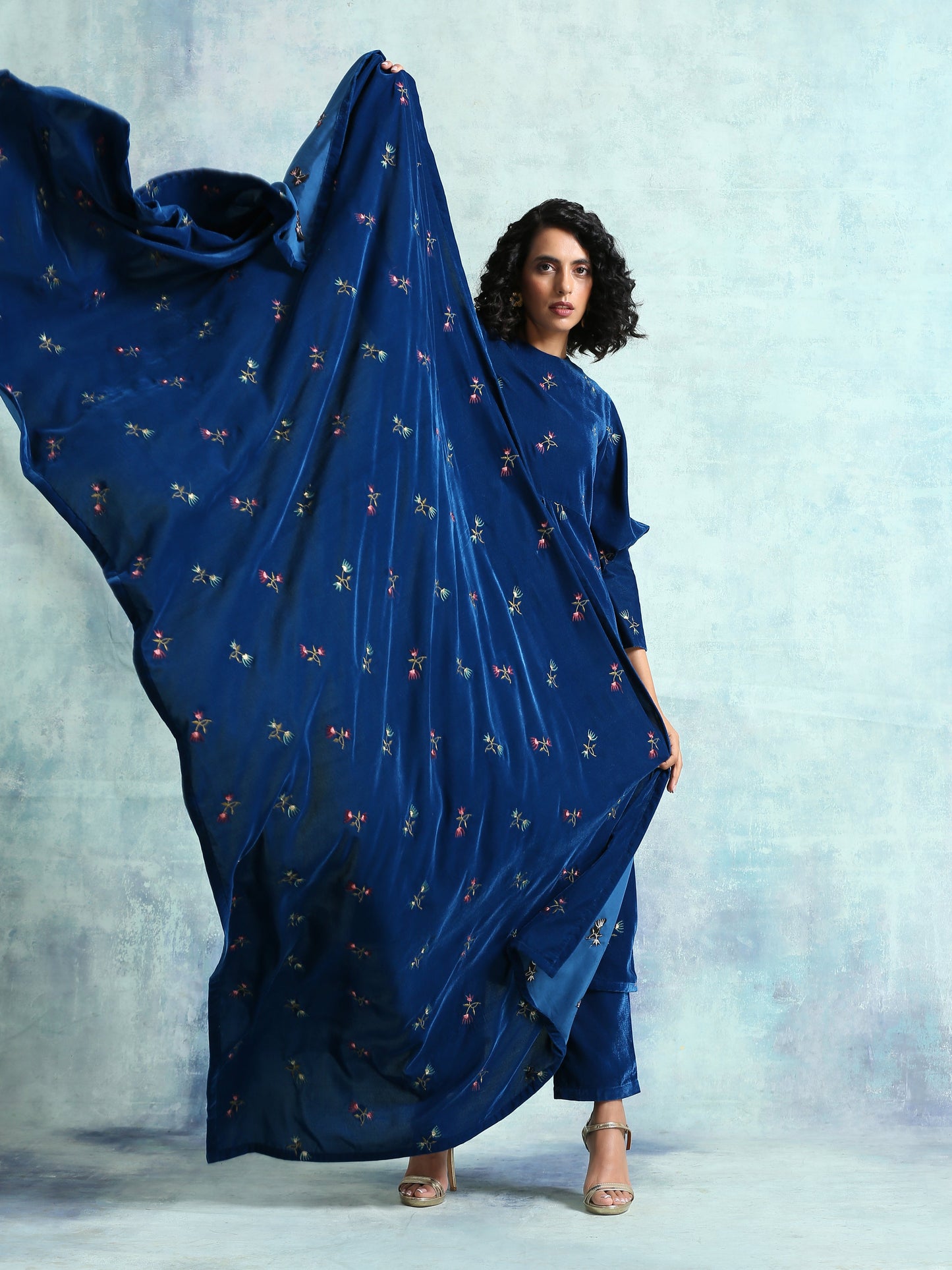trueBrowns Blue Embroidered Velvet Shawl