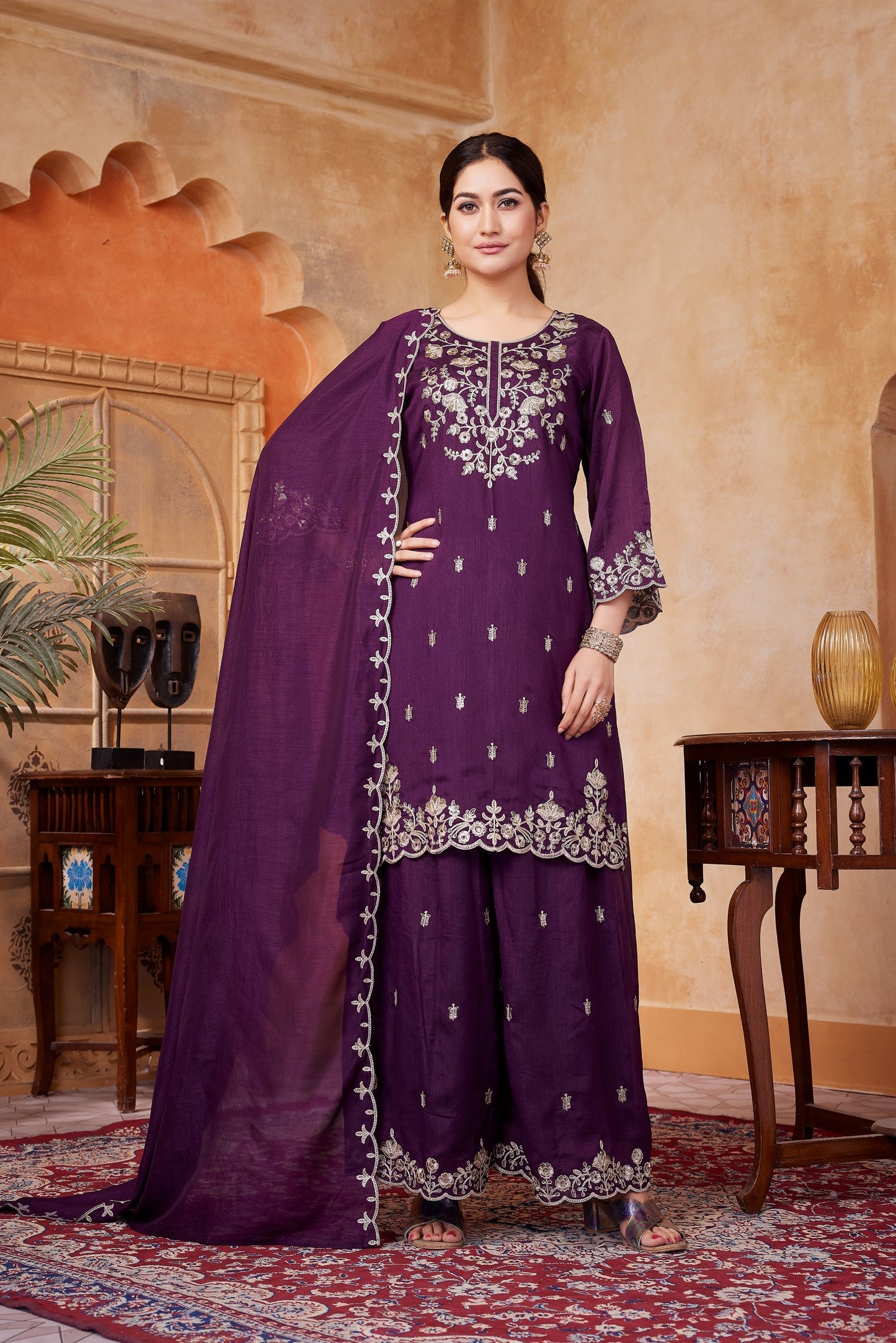 Anaita Wine Readymade Suit with Embroidery Work