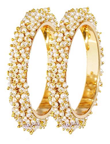 Gold-Polished Alloy Pearl Cluster Bangle Set - The Pari