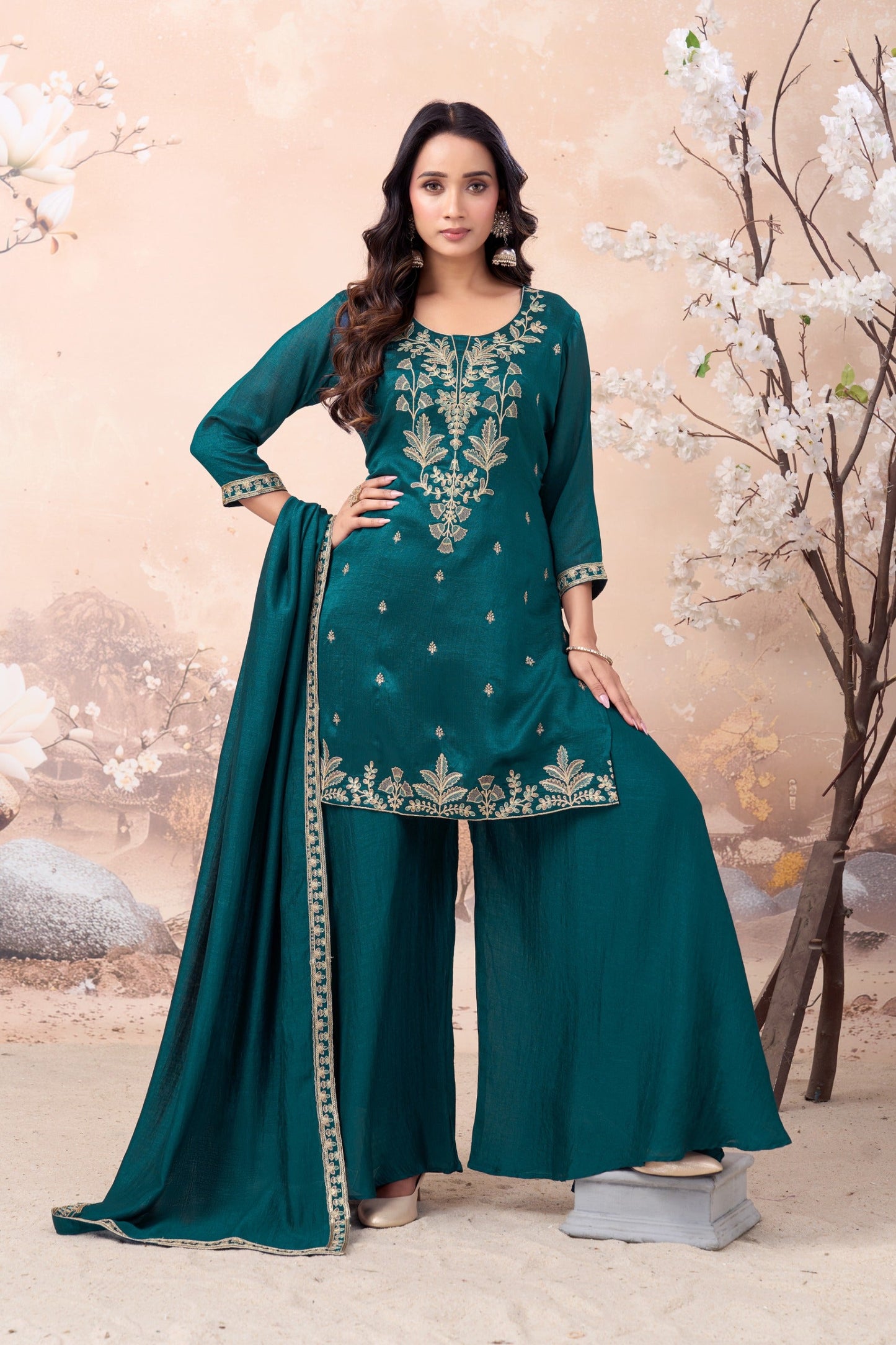 Anaita Teal Vichitra Silk Readymade Suit with Coding Work