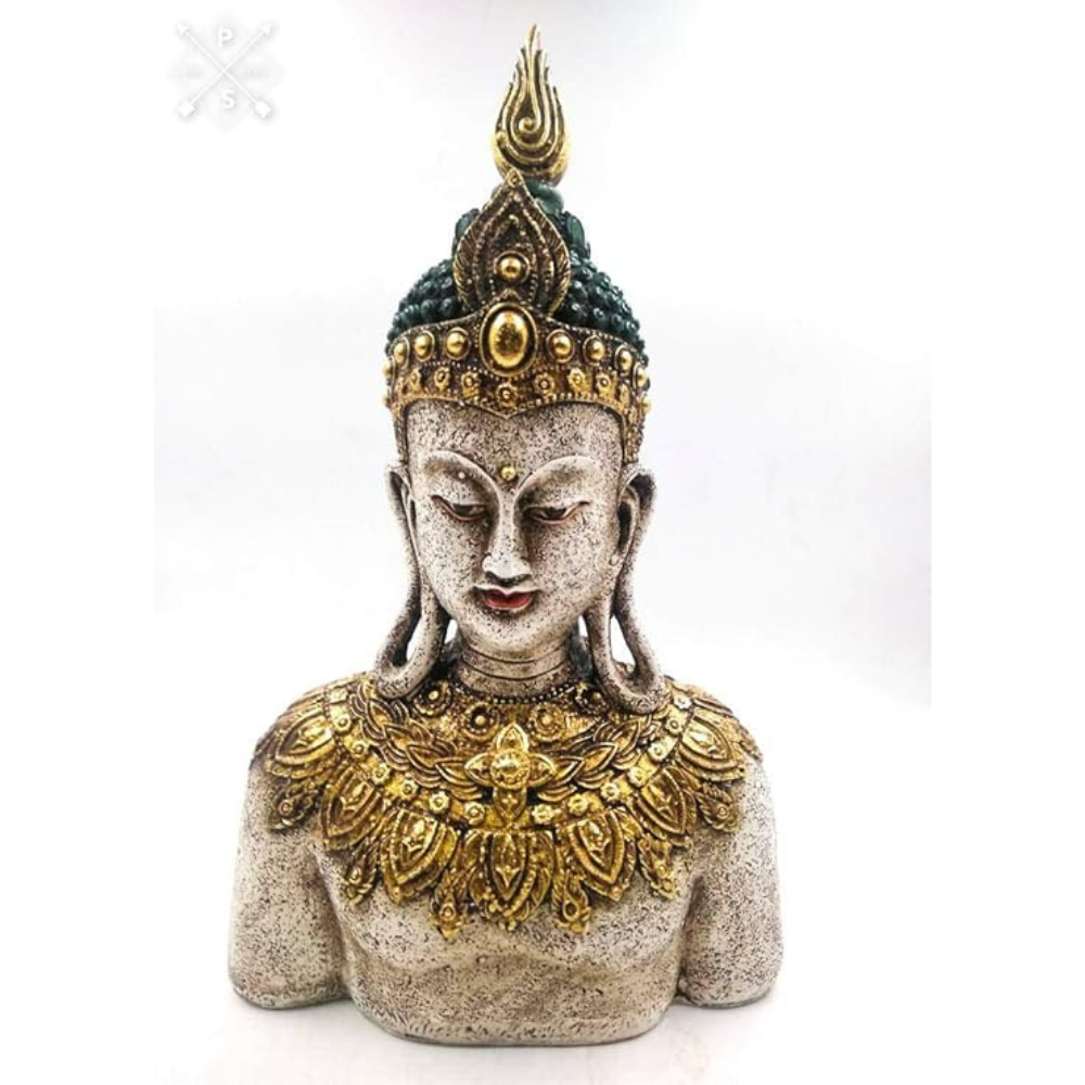Indicast 12" Inch Handmade Buddha Carving Murti Table Desk Decor Meditating Idol Gifts Antique Design | Green