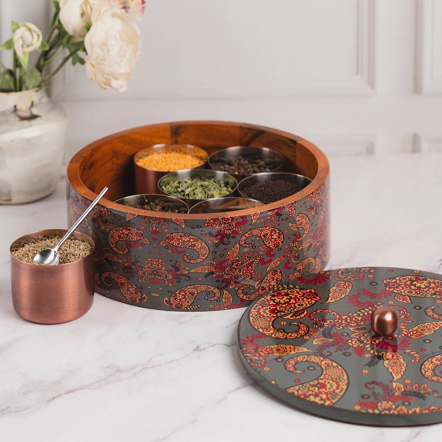 Nestroots Allure Teak Wood Masala Box Grey Enamel with 7 Stainless Steel Jars