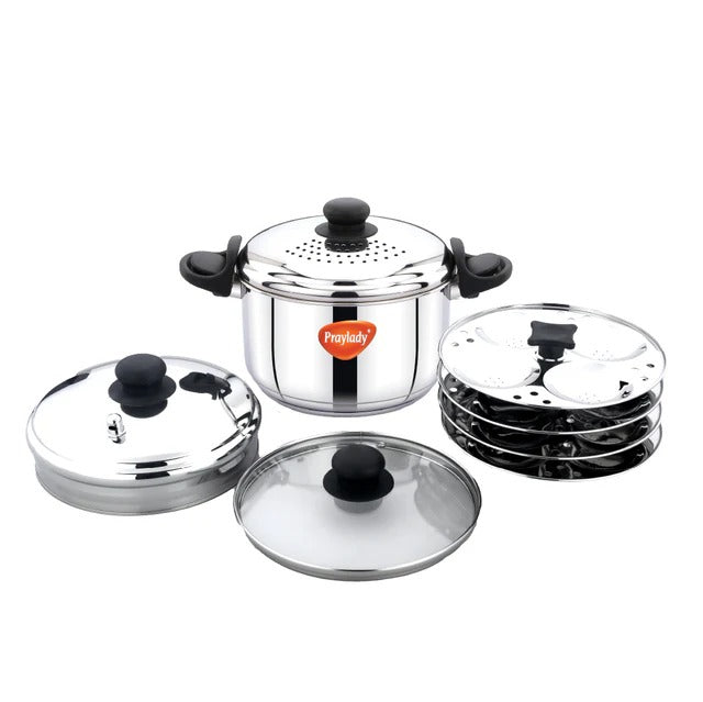 PrayLady Strainer Pro Max 4.2L 304 Grade SS Multi-Purpose Pot with Glass Lid Triply Bottom Idli Cooker 4 Plates Induction Gas