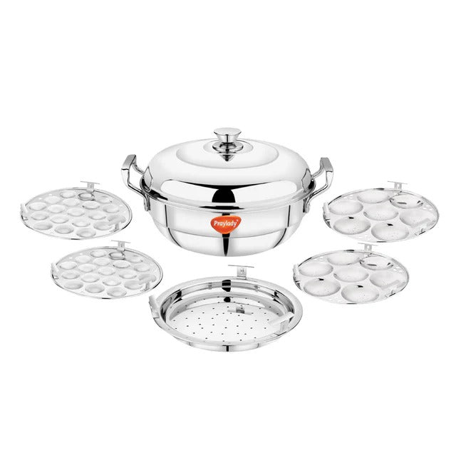PrayLady Triplus Triply SS Multi Kadai 5 Plates (2 Idli+2 Mini Idli+1 Steamer) Induction Gas