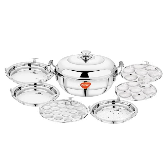 PrayLady Triplus Triply SS Multi Kadai 6 Plates (2 Idli+2 Dhokla+1 Mini Idli+1 Steamer) Induction Gas