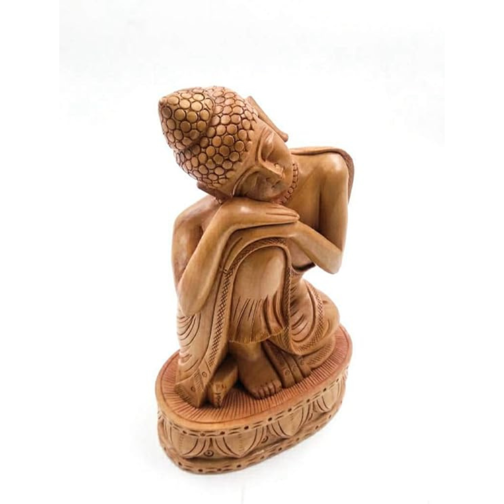 Shri Handicrafts 8" Inch Wood Carving Handmade Thinking Buddha Statue Good Luck Hindu God Figurine for Home Temple | Brown