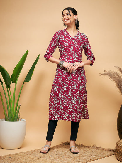 InWeave Women's Wine Floral Print Straight Angrakha Gota Kurta