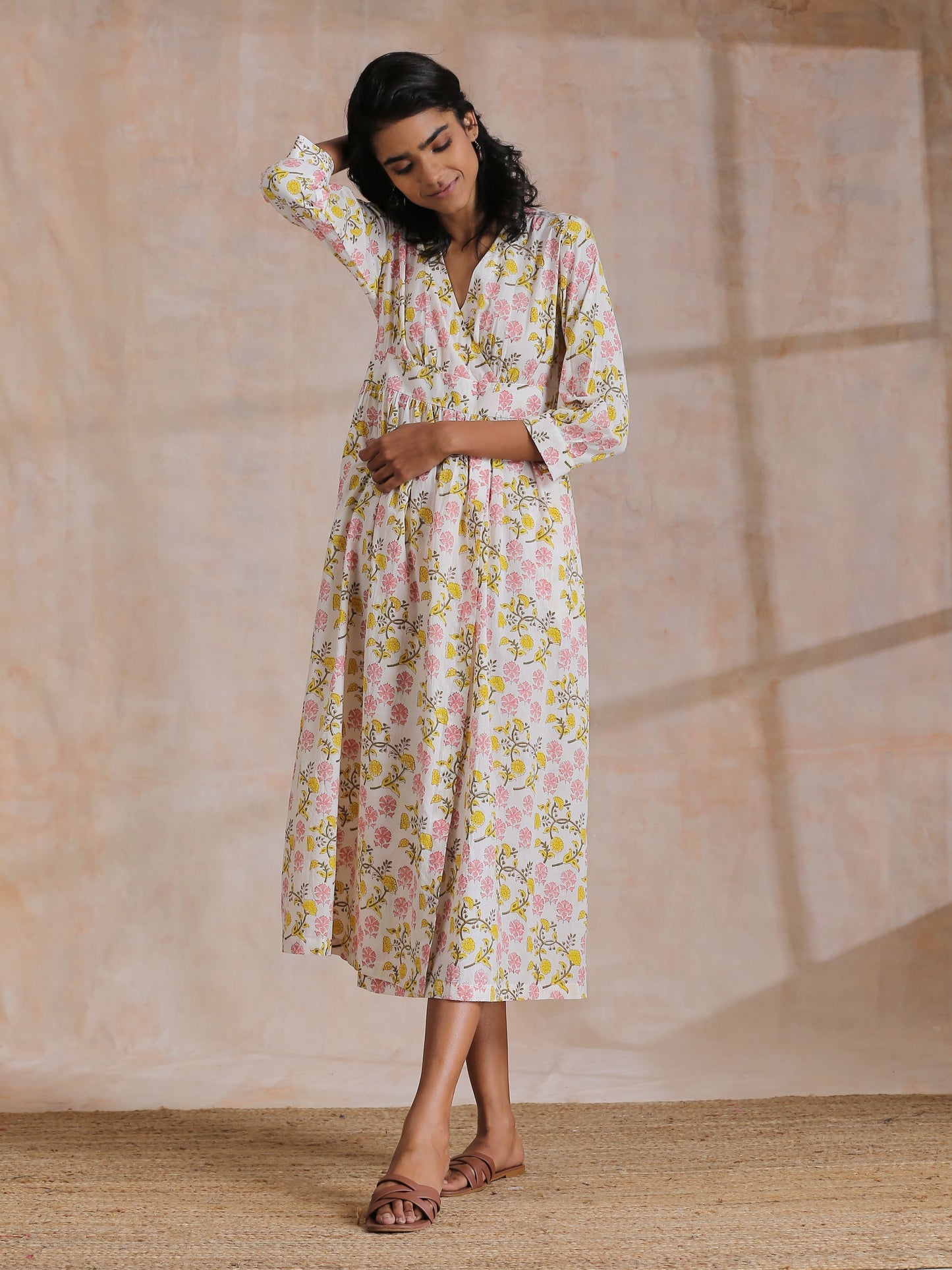 trueBrowns Pink Yellow Floral On White Block Print Cotton Wrap Dress | Relove