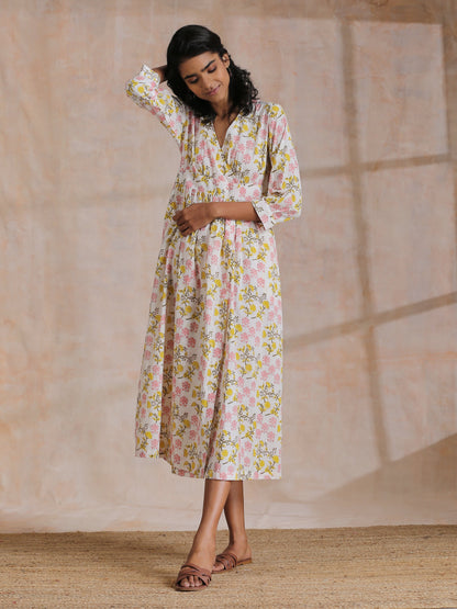 trueBrowns Pink Yellow Floral On White Block Print Cotton Wrap Dress | Relove