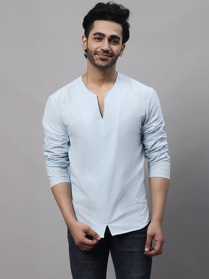 Even Apparels Blue Pure Cotton Open Neck Kurta