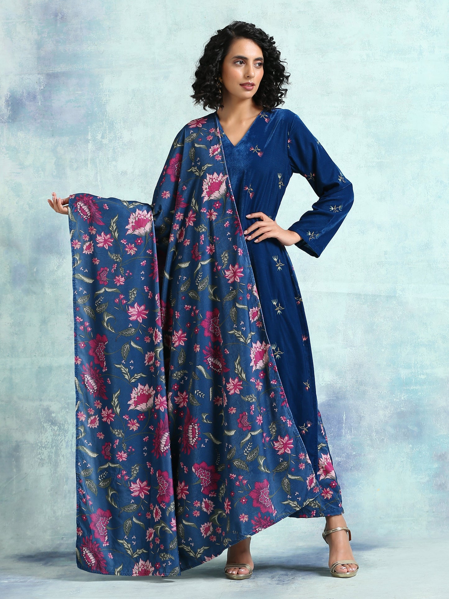 trueBrowns Blue Printed Velvet Shawl