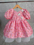 Chic Baby Pink Floral Printed and Butterfly Jacquard Frock