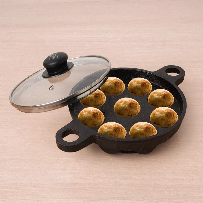 The Indus Valley Cast Iron Paniyaram Pan Pre-Seasoned 9 Pit + Glass Lid 21 cm