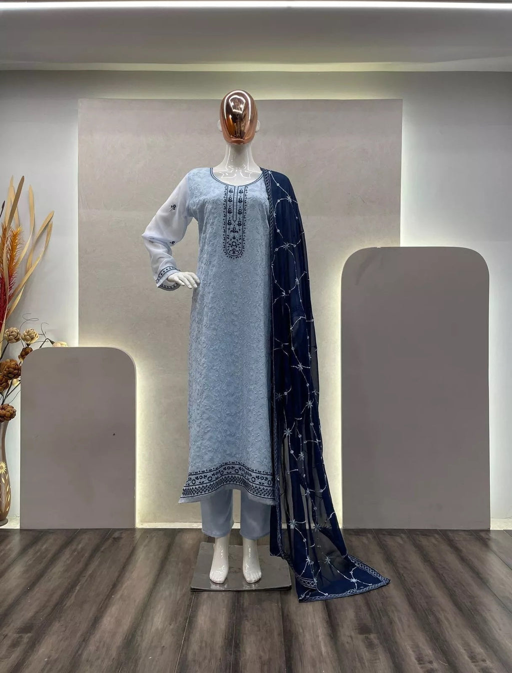 Full Stitched Faux Georgette Top Pant & Dupatta Set