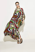 Women Printed Multi Color Caftan, Long Silk Crepe Kaftan