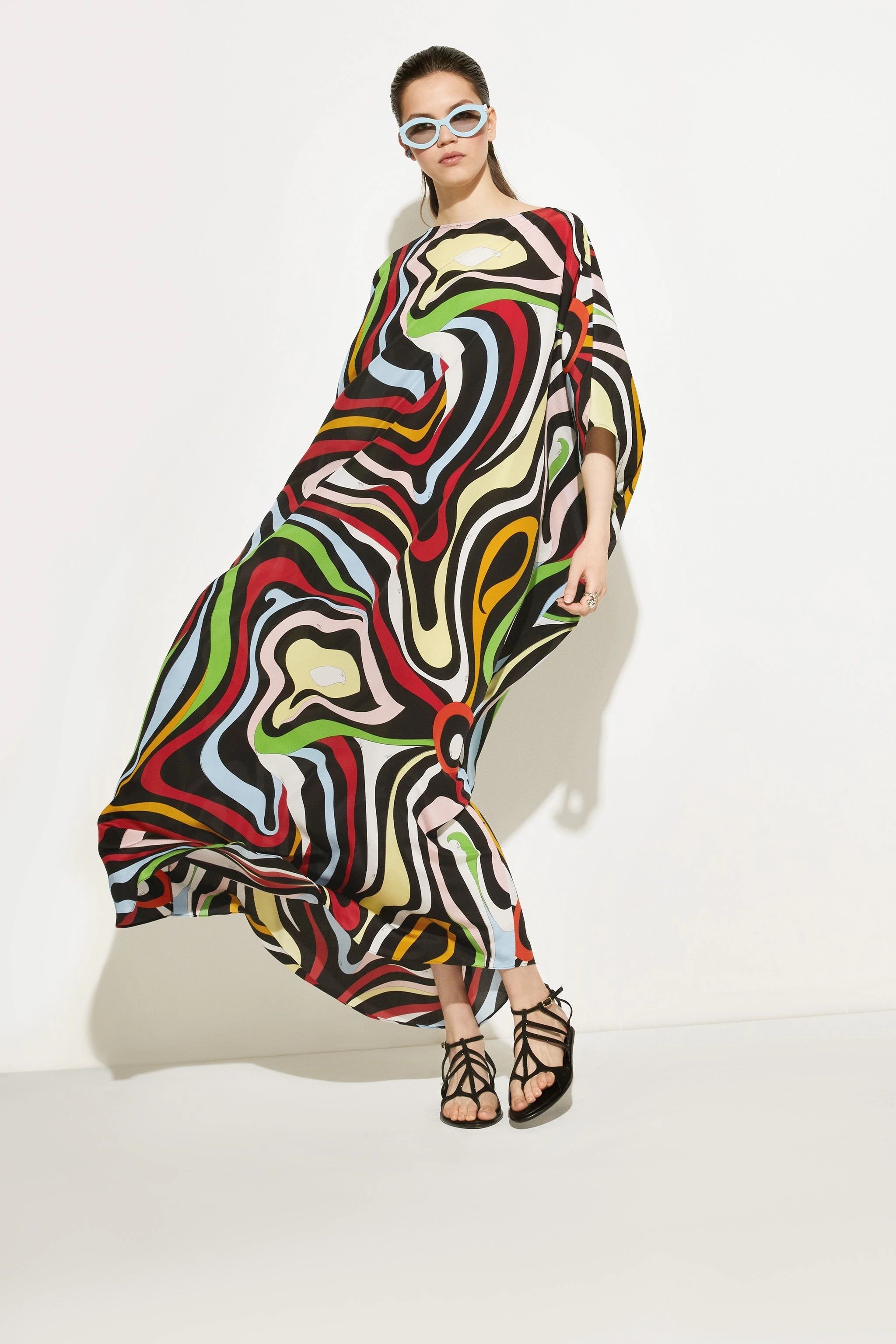 Women Printed Multi Color Caftan, Long Silk Crepe Kaftan