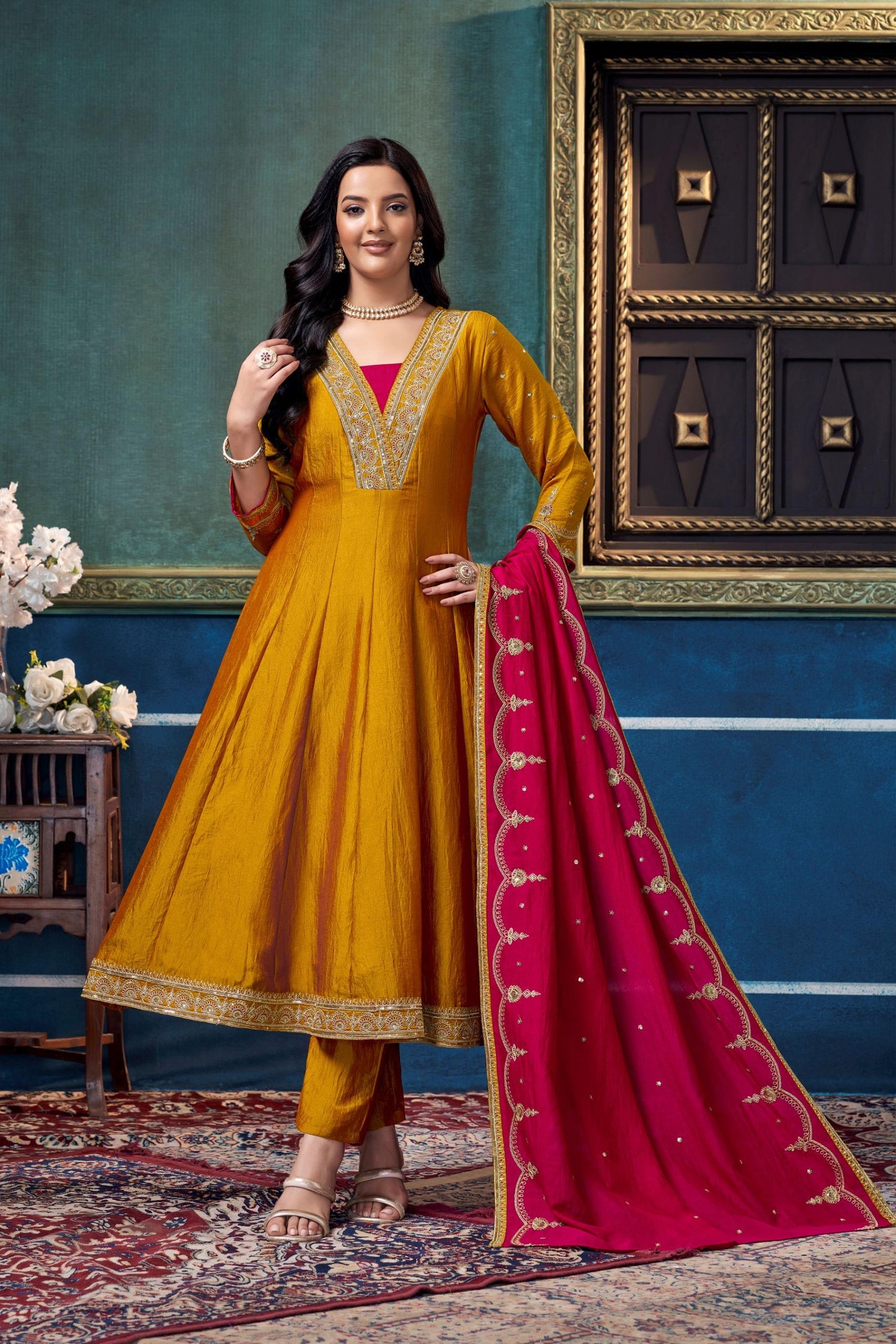 Anaita Yellow Anarkali Readymade Suit with Embroidery Work