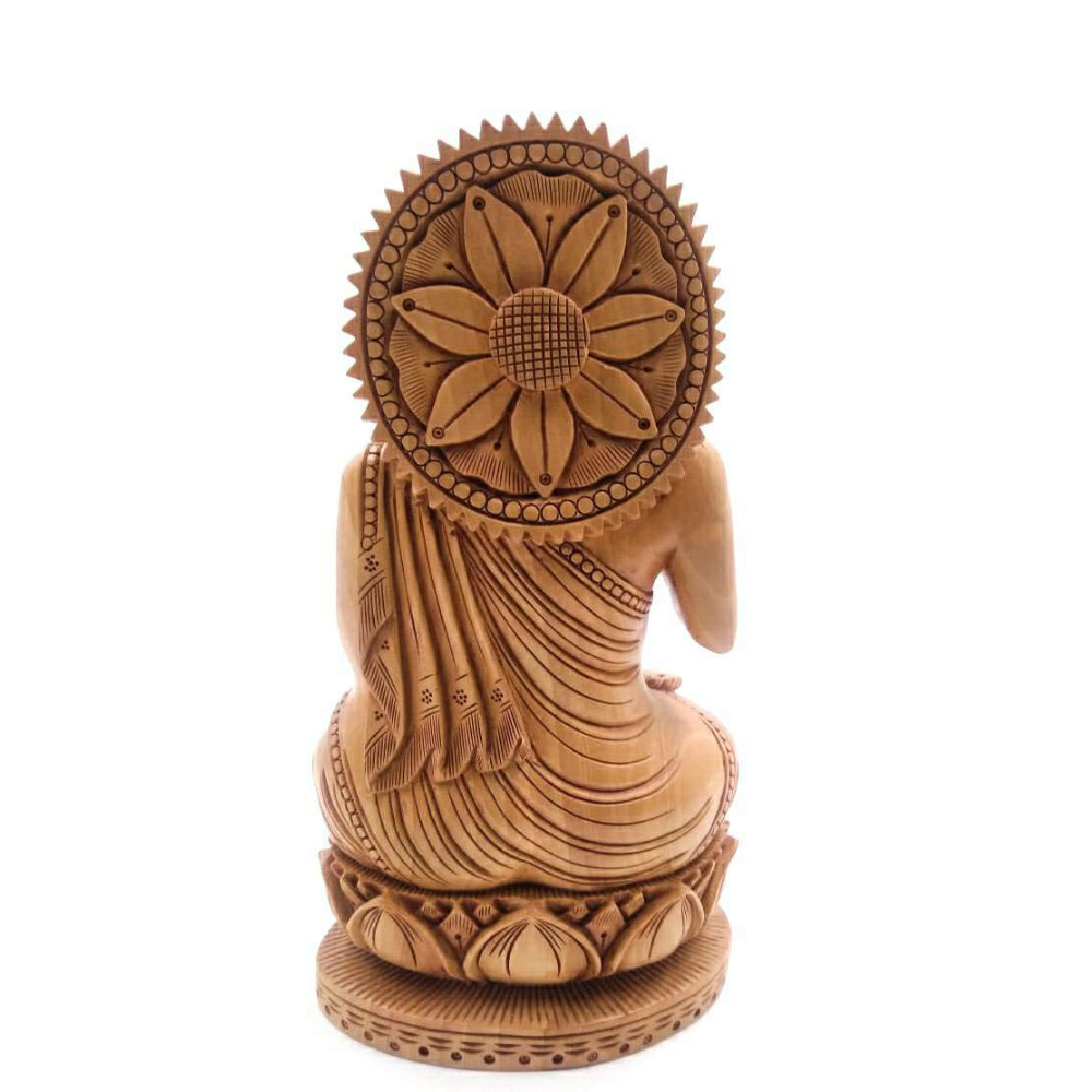 Shri Handicrafts 8" Inch Wood Carving Handmade Meditating Buddha Statue Good Luck Hindu God Figurine for Home Temple | Brown