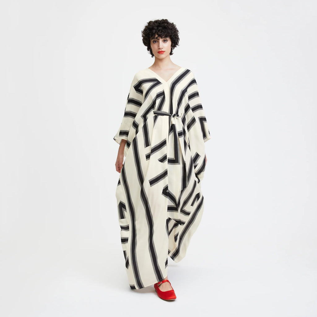Black & White Digital Printed For Women's Long Kaftan With Belt