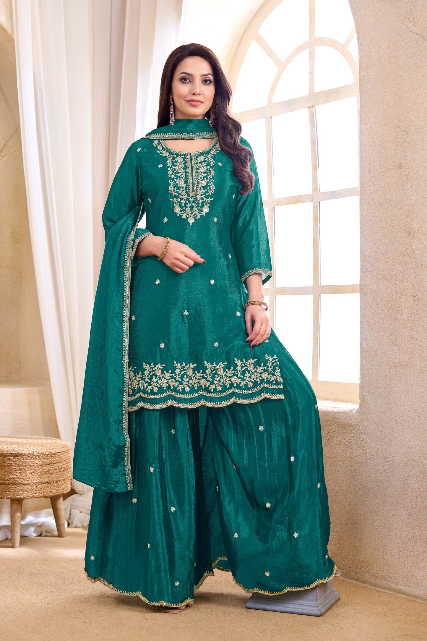 Anaita Teal Chiffon Readymade Suit with Coding Work