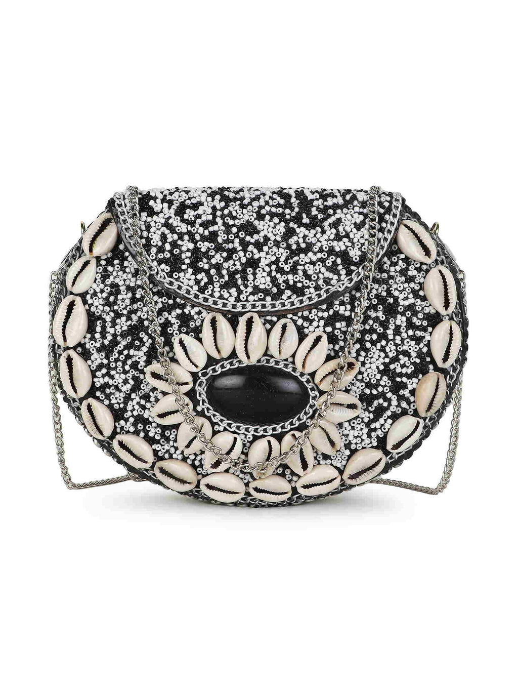 Mosaic Shell Embellished Metal Clutch