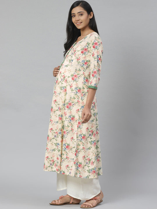 Anayna Women Cream-Coloured & Green Floral A-Line Maternity Kurta