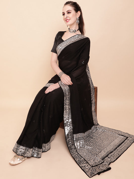 Sangria Black & Silver-Toned Embellished Sequinned Pure Georgette Saree