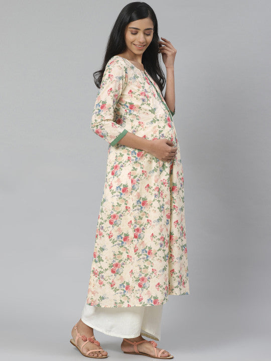 Anayna Women Cream-Coloured & Green Floral A-Line Maternity Kurta