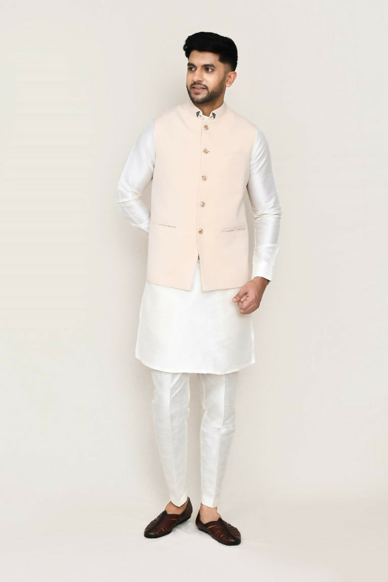 Joban Fashion White Colored Art Silk Fabric Kurta, Jacket With Straight Fit Pant
