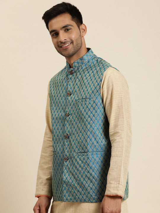 Sojanya Men Blue and Beige Jacquard  Woven Design Silk Nehru Jacket