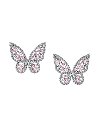 Yellow Chimes Silver-Toned & Pink Quirky Butterfly Studs Earrings