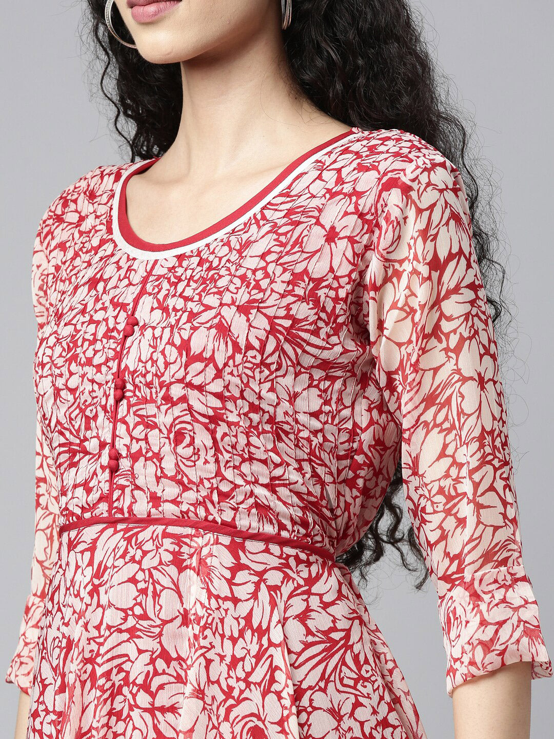 Souchii White & Red Floral Layered Chiffon Beautiful Midi Dress