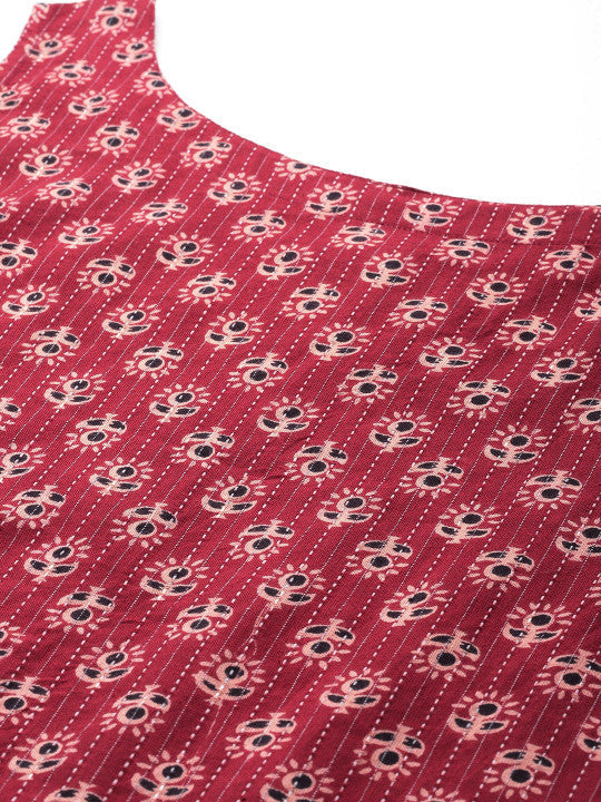 Anayna Women Ethnic Motifs Printed Kantha Work Dobby Kurta