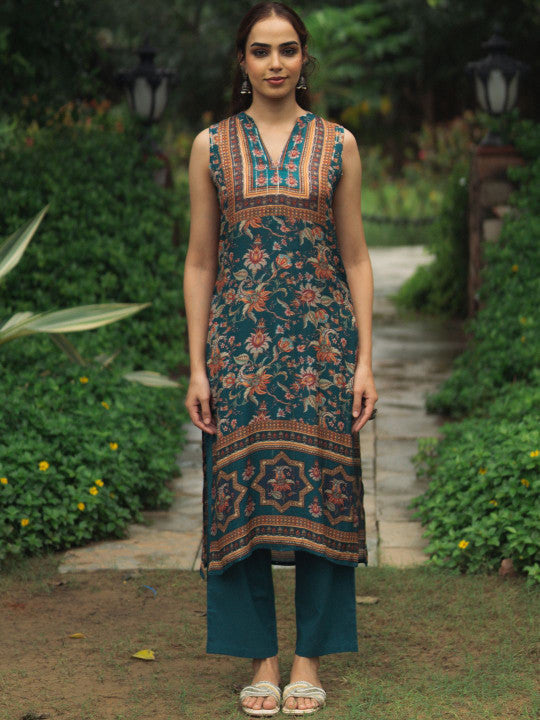 Anayna Floral Printed Mandarin Collar Straight Kurta With Trousers