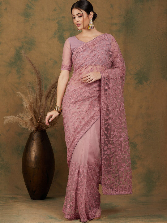 Sangria Floral Embroidered Net Saree