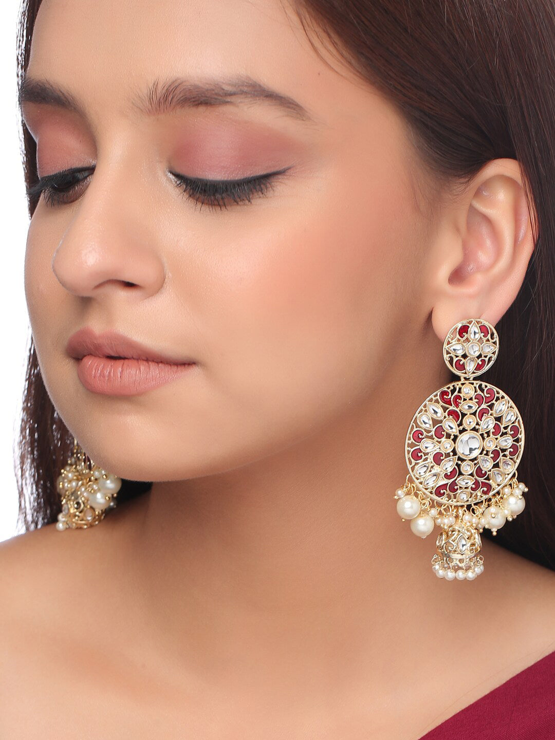 Shoshaa Maroon Contemporary Gold-Polished Kundan Drop Earrings With Jhumkas Earrings Sets