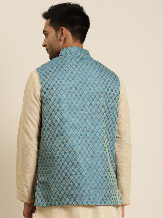 Sojanya Men Blue and Beige Jacquard  Woven Design Silk Nehru Jacket