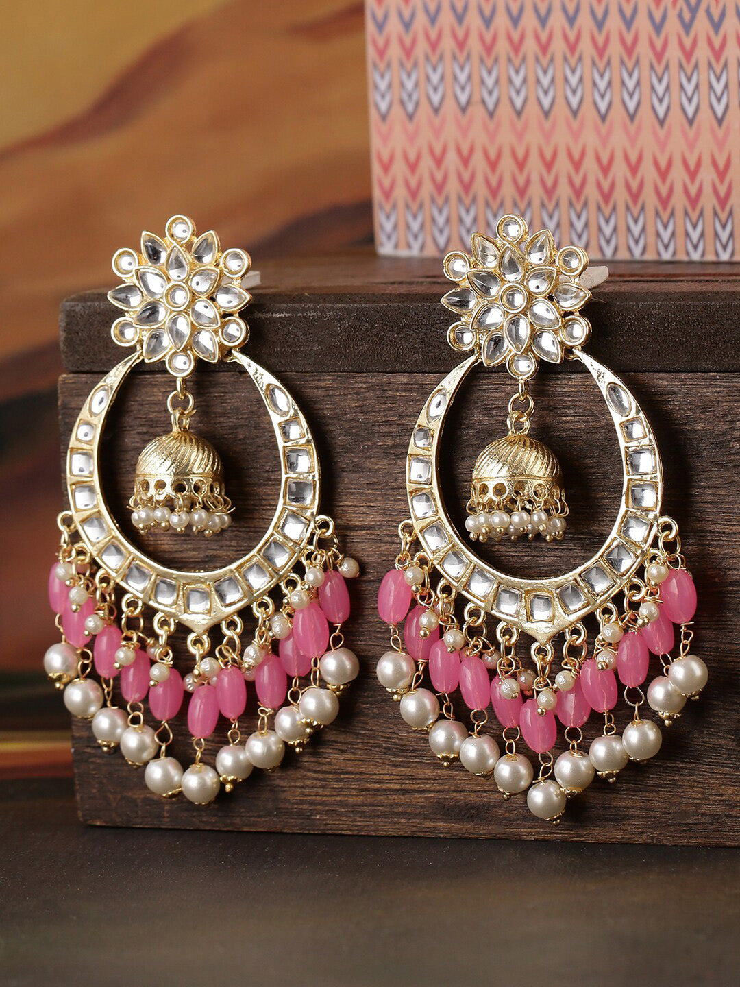 Shoshaa Pink & Gold-Toned Contemporary Kundan Drop Earrings With Pearls