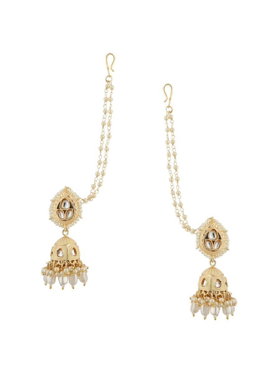 Anikas Creation Cream-Coloured & Gold Toned Kundan & Pearl Jadau Dome Shaped Jhumkas
