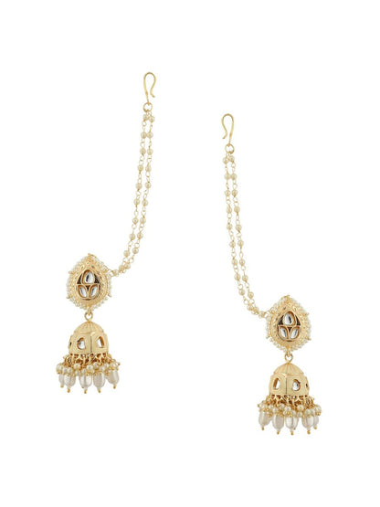 Anikas Creation Cream-Coloured & Gold Toned Kundan & Pearl Jadau Dome Shaped Jhumkas