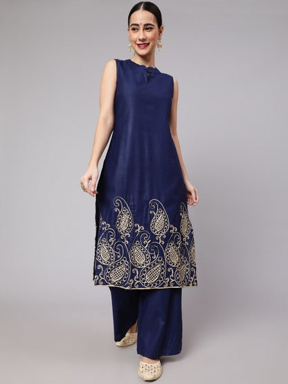 Aks Paisley Embroidered Band Collar Kurta with Palazzos
