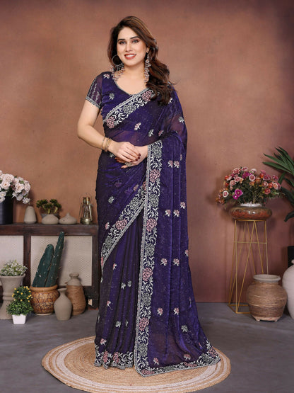 Teeya Creation New Womens Latest Party Wear Soft Chiffon Silk Saree-Purple