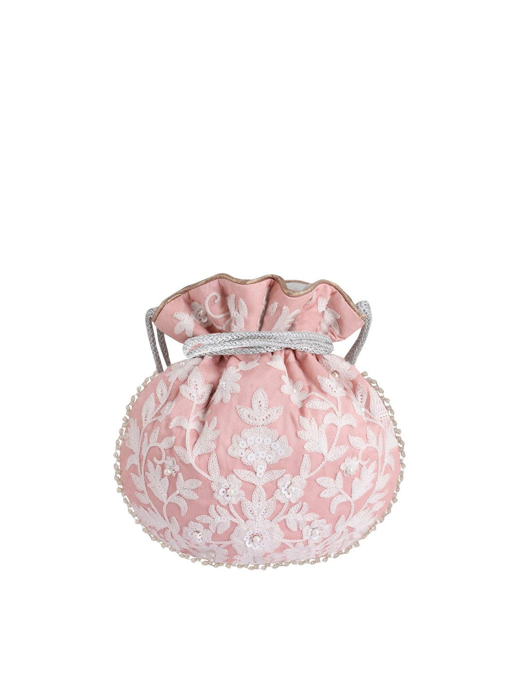 Masq Pink & White Embellished Embroidered Potli Clutch
