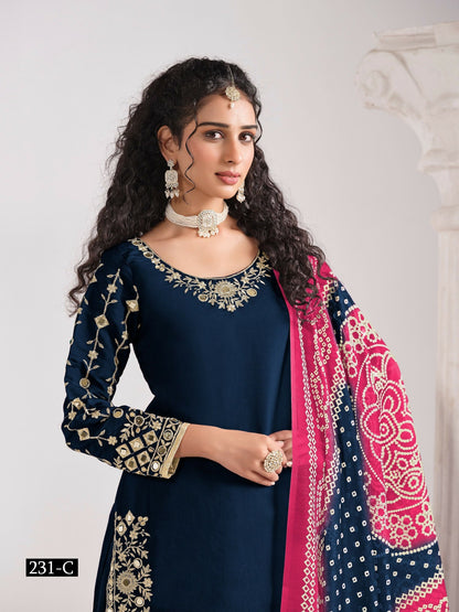 Anaita Navy Blue Roman Silk Stitched Suit with Embroidery & Real Mirror Work