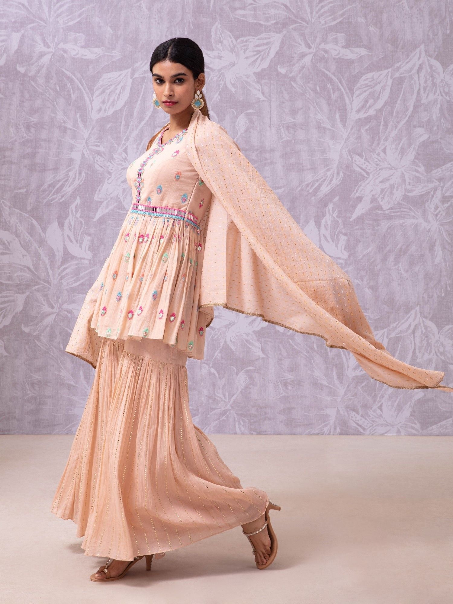 Likha Peach Hand Mirror Work Anarkali Kurta, Sharara, Dupatta & belt LIKSKD110 (Set of 4) - L
