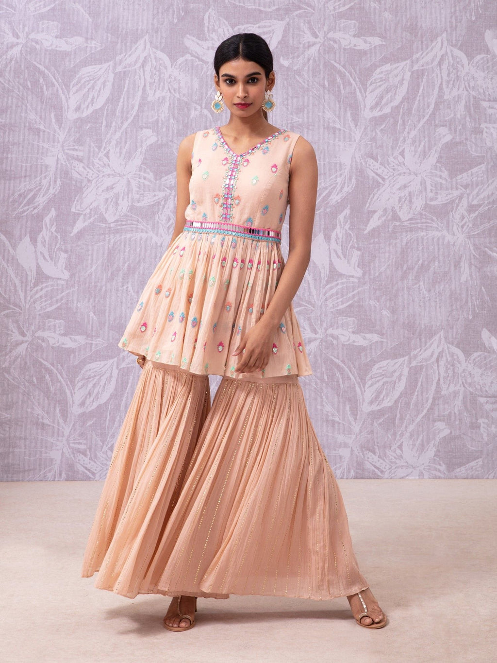 Likha Peach Hand Mirror Work Anarkali Kurta, Sharara, Dupatta & belt LIKSKD110 (Set of 4) - L