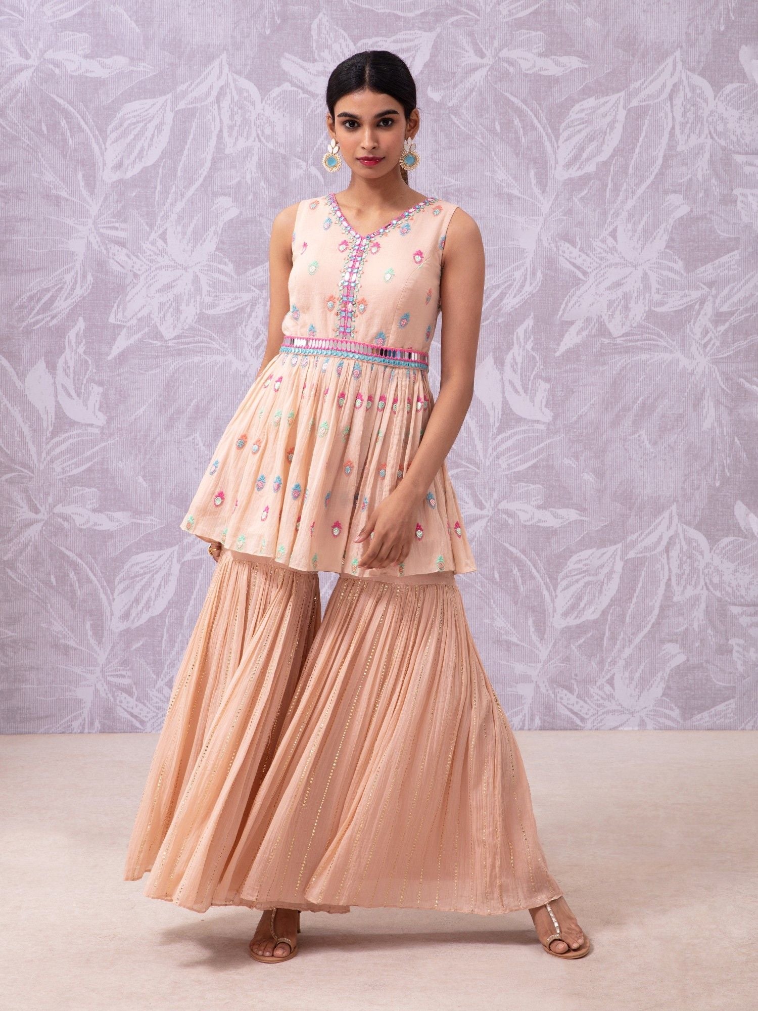 Likha Peach Hand Mirror Work Anarkali Kurta, Sharara, Dupatta & belt LIKSKD110 (Set of 4) - L